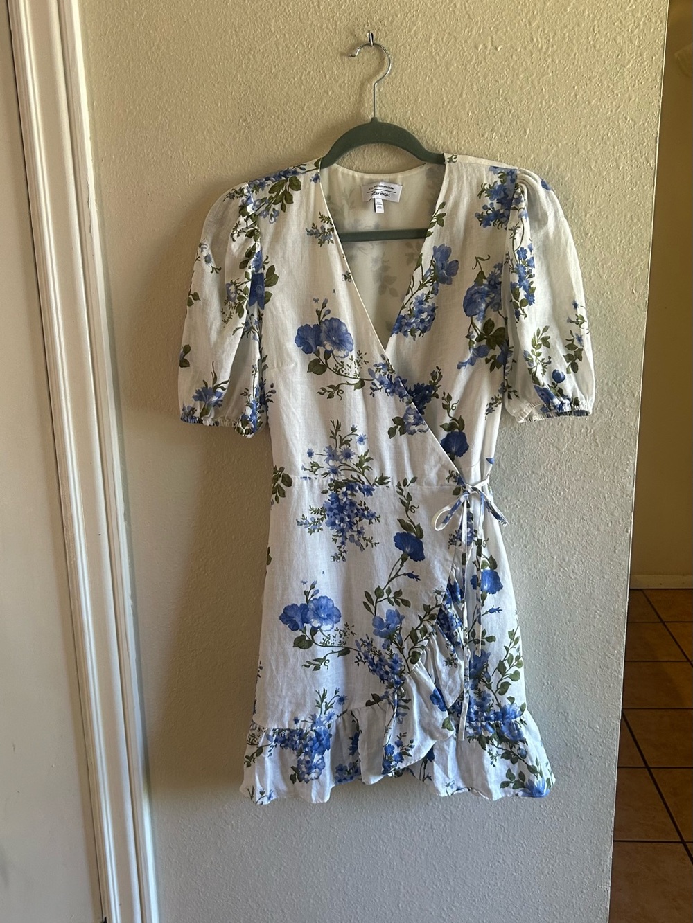 & Other Stories White Mini Wrap Summer Dress with Blue Floral Print Ruffled Hem